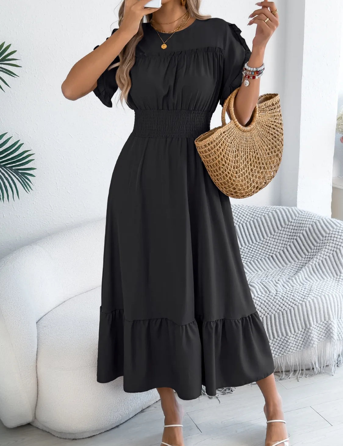 Women's midi dress, round neck