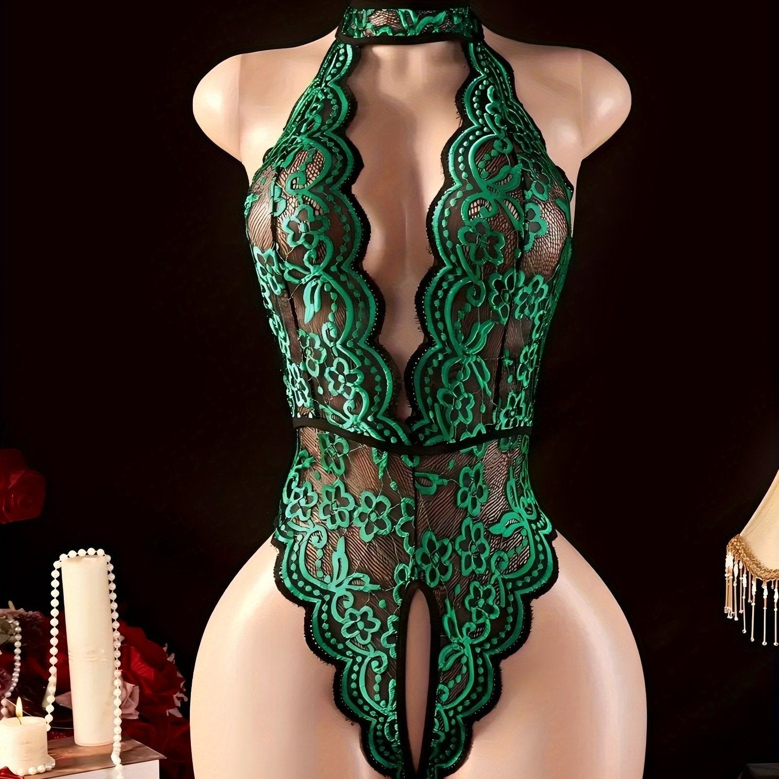 Crotchless halter lace teddy in dark green contrast lace, front view with deep plunge and collar