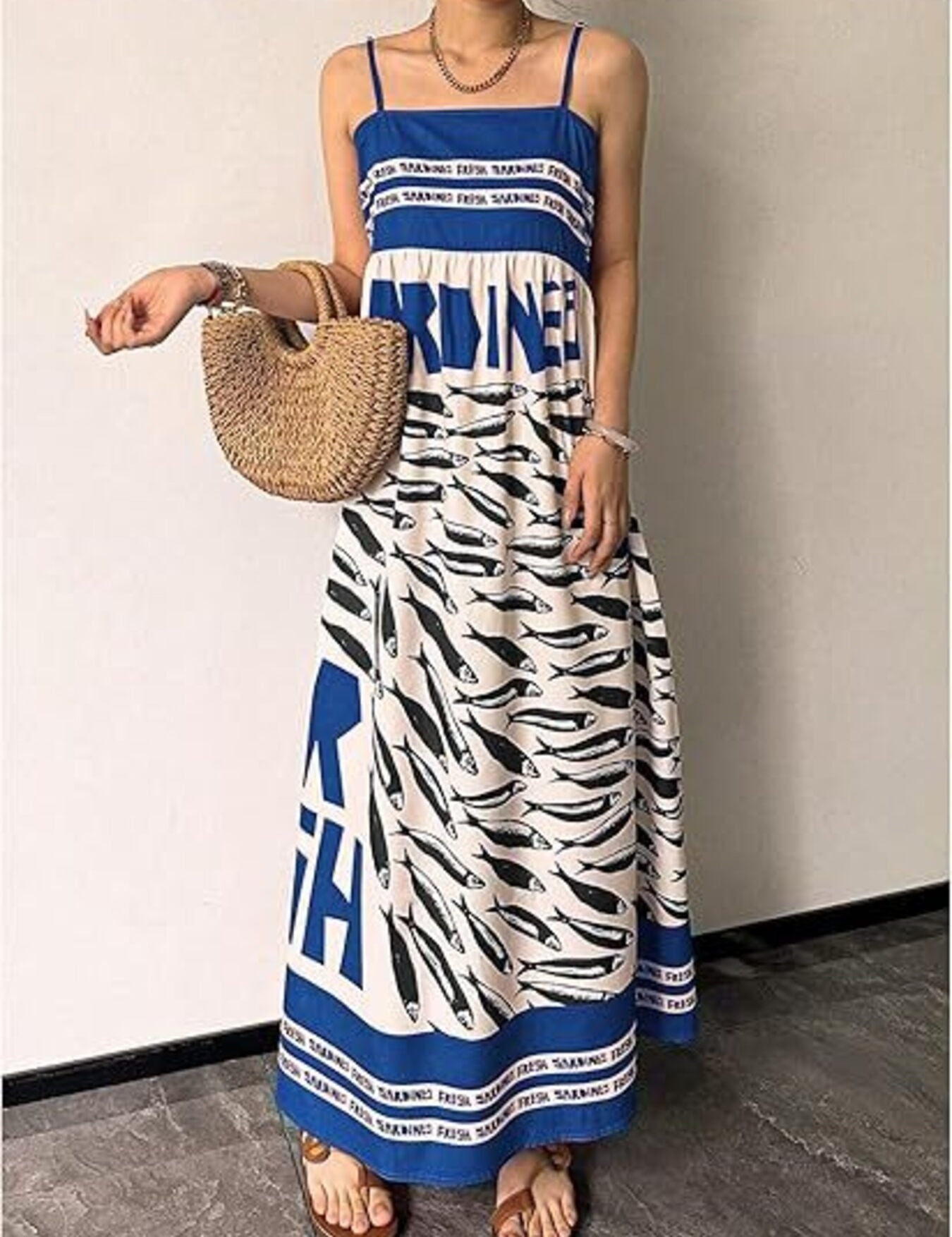 Womens Sardine Print Dress – Red Maxi Length – Chaotic Fashion