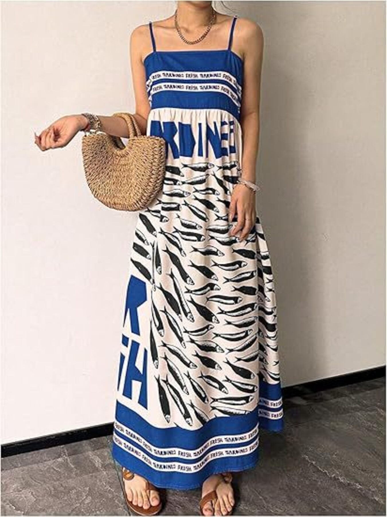 Womens Sardine Print Dress – Red Maxi Length – Chaotic Fashion