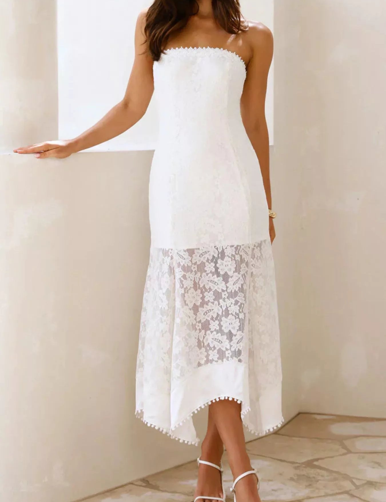 Women's Lace Strapless Midi Dress – White Zip-Back – Chaotic Fashion