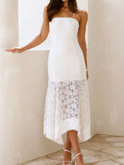 Women's Lace Strapless Midi Dress – White Zip-Back – Chaotic Fashion