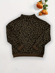 Brown leopard quarter zip sweatshirt laid flat showing the full oversized cut and ribbed hem