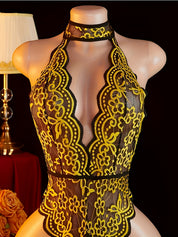 Crotchless halter lace teddy in gold contrast lace, front view with deep plunge and collar