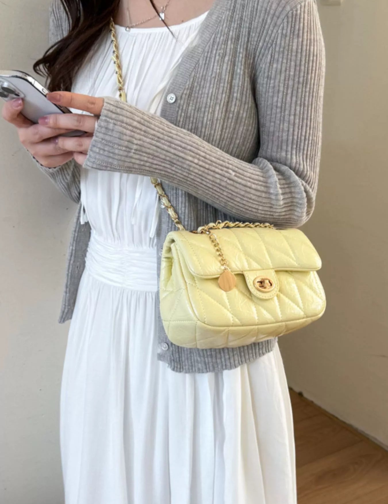 Women's Small crossbody bag in vegan leather, quilted chain detail, yellow