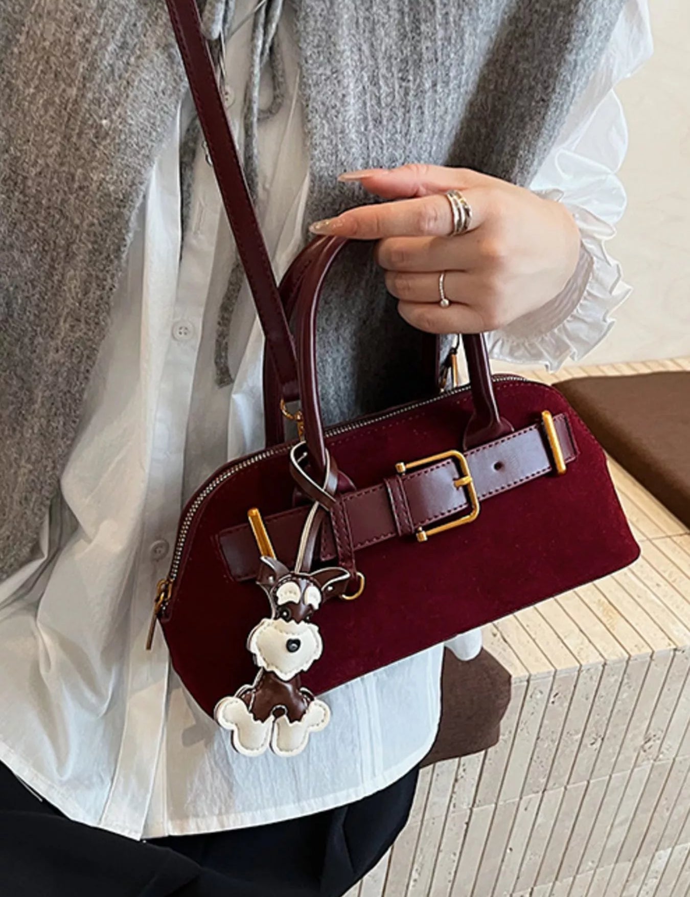 Women's Medium crossbody bag in vegan leather, buckle detail detail, red