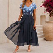 Women's Floral Midi Cocktail Dress with V-Neck | Elegant Evening & Party Dress
