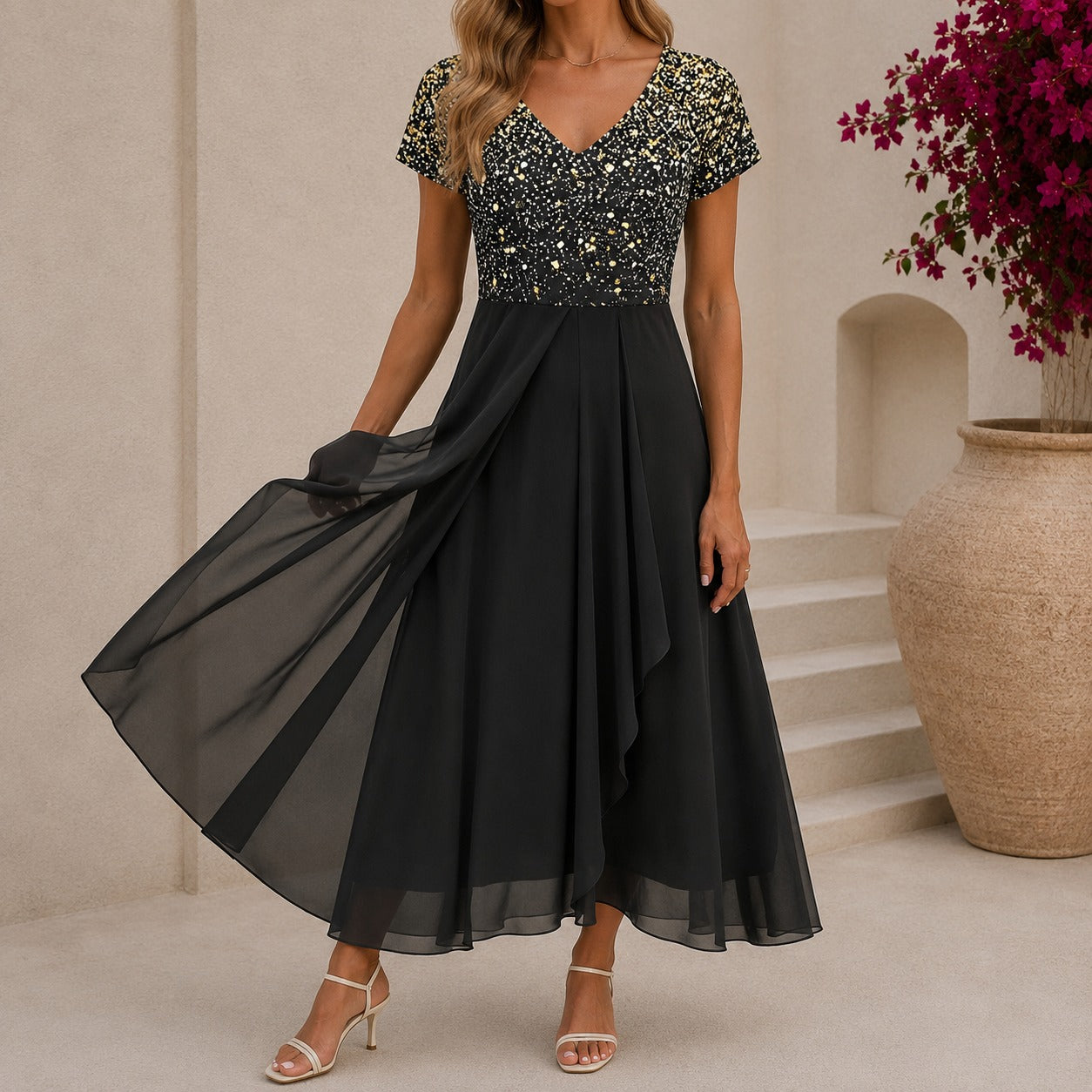 Women's midi dress in floral, v-neck