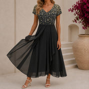 Women's Floral Midi Cocktail Dress with V-Neck | Elegant Evening & Party Dress