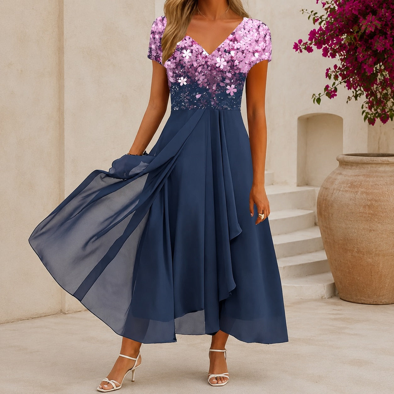 Women's midi dress in floral, v-neck