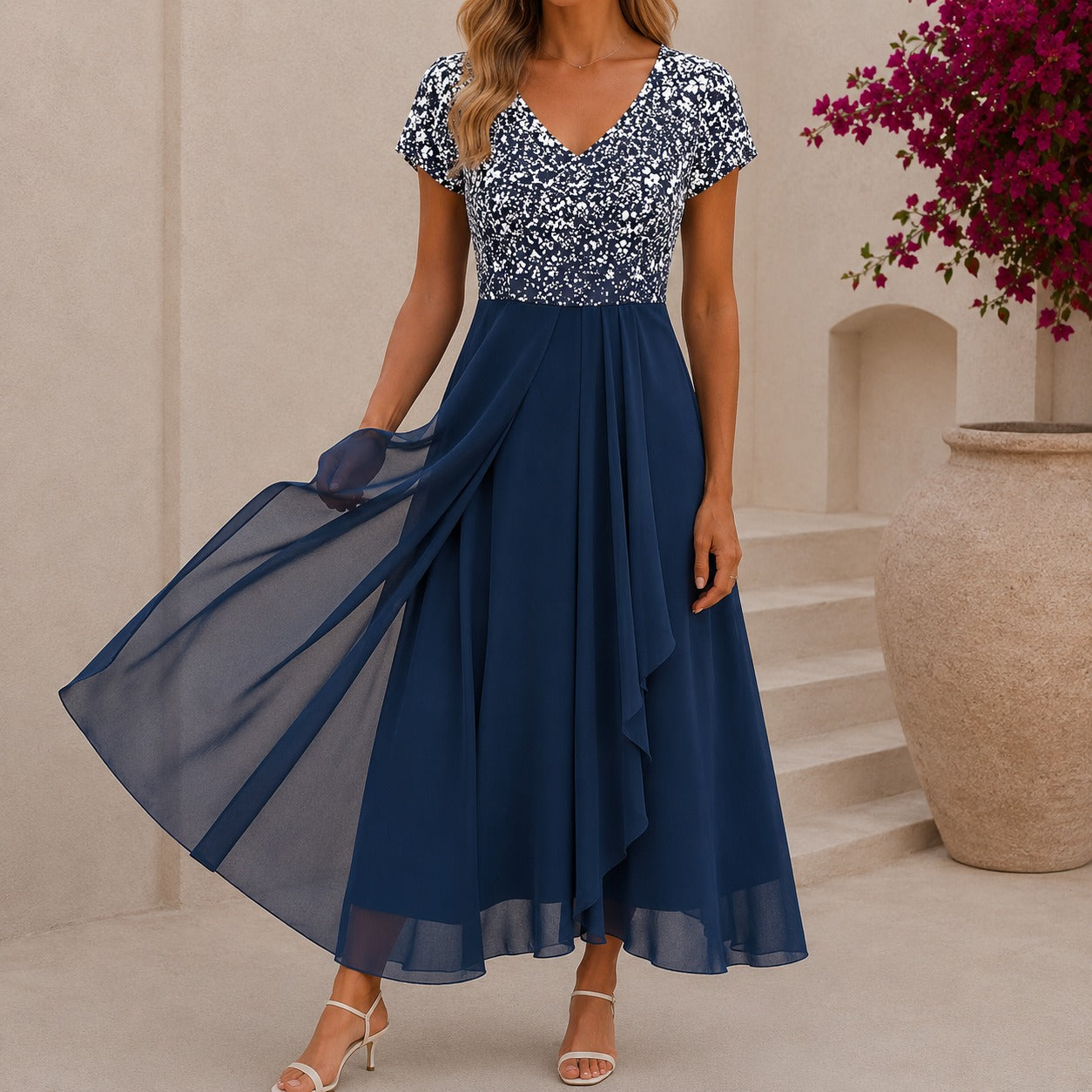 Women's Floral Midi Cocktail Dress with V-Neck | Elegant Evening & Party Dress