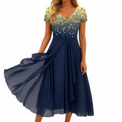Women's Floral Midi Cocktail Dress with V-Neck | Elegant Evening & Party Dress