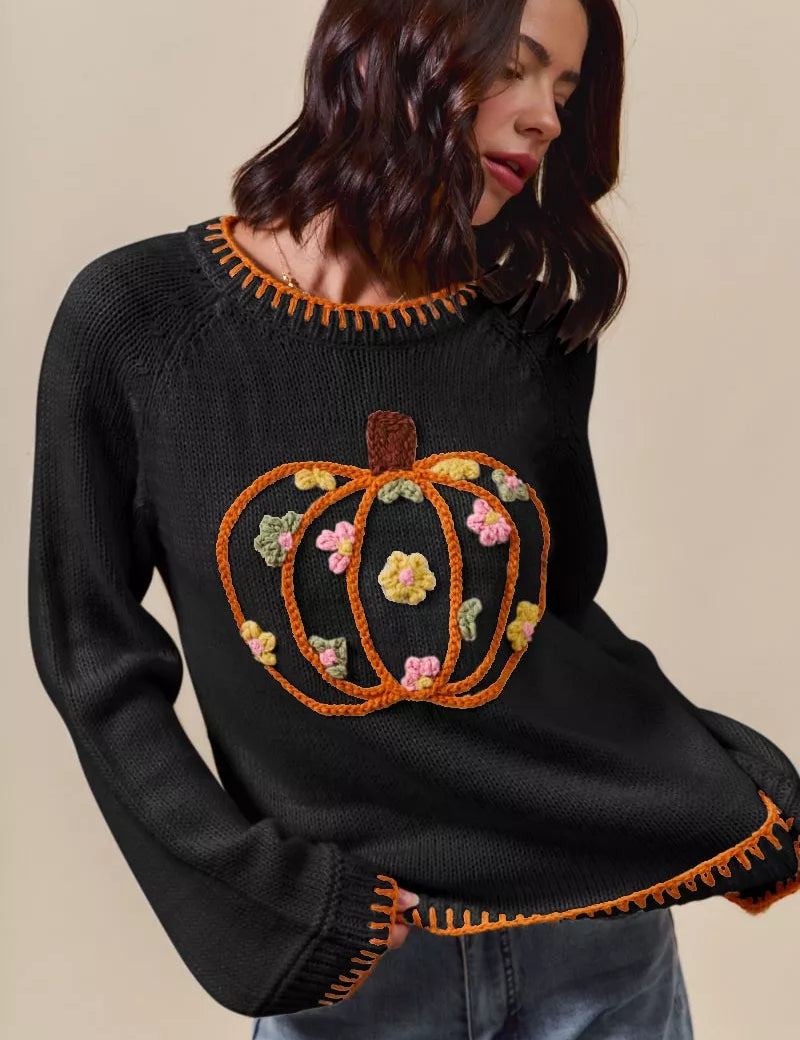 Thanksgiving Sweater – Pumpkin Floral Embroidery in Black – Chaotic Fashion