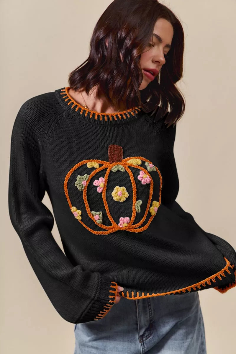 Thanksgiving Sweater – Pumpkin Floral Embroidery in Black – Chaotic Fashion