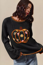 Thanksgiving Sweater – Pumpkin Floral Embroidery in Black – Chaotic Fashion
