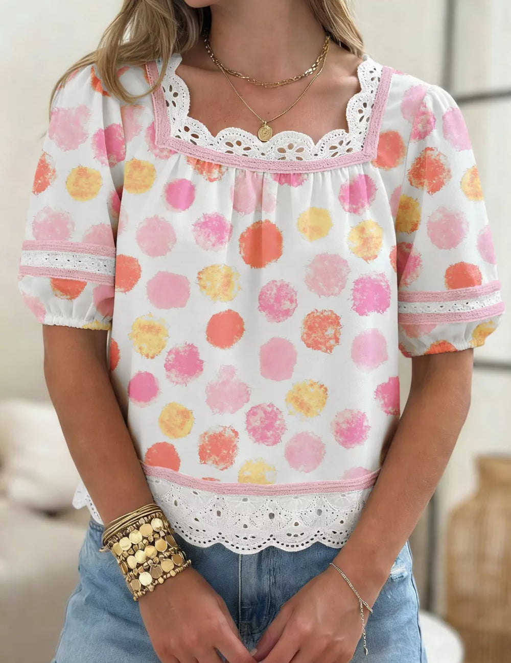 Women's polka dot blouse, square neck, puff sleeve