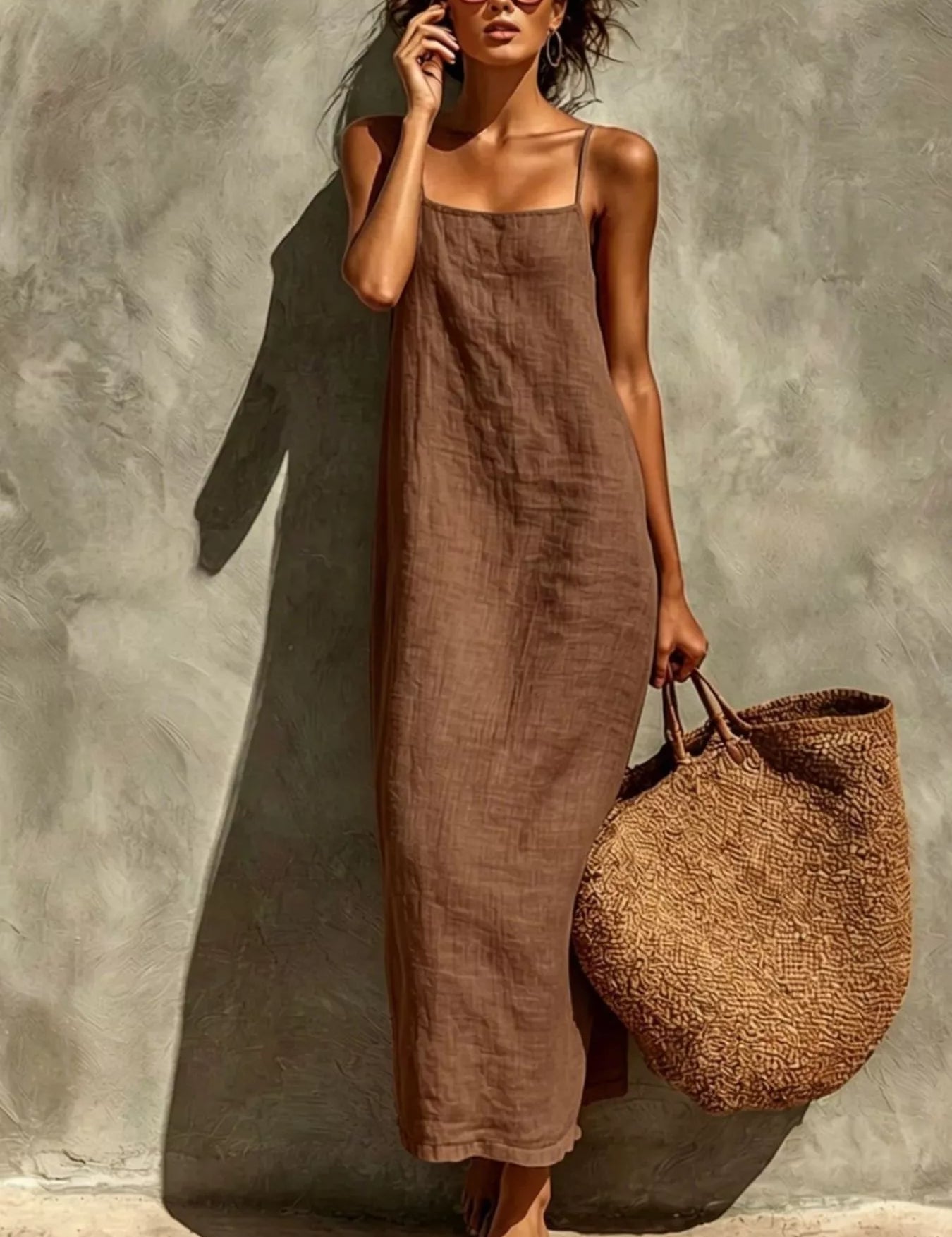 Long Maxi Dress – Taupe Linen-Look Fabric – Chaotic Fashion