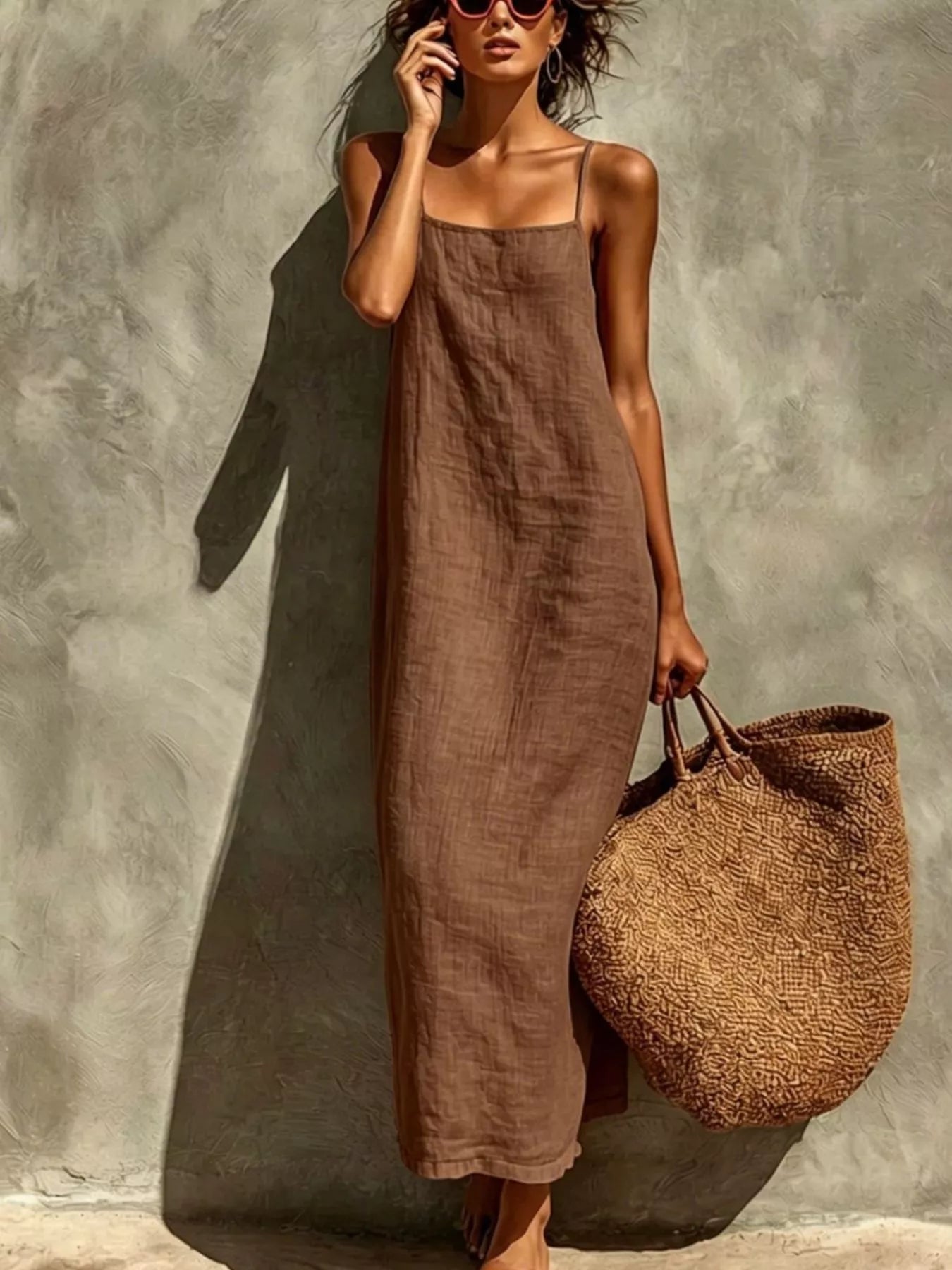 Long Maxi Dress – Taupe Linen-Look Fabric – Chaotic Fashion