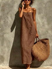 Long Maxi Dress – Taupe Linen-Look Fabric – Chaotic Fashion
