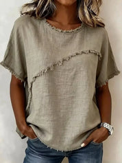 Short Sleeve Top – Frayed Hem in Khaki – Chaotic Fashion