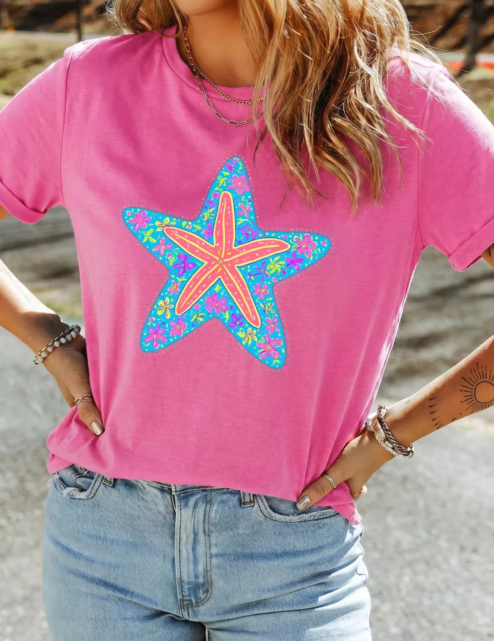 Starfish Print Tee for Women – Fuchsia Pink – Chaotic Fashion