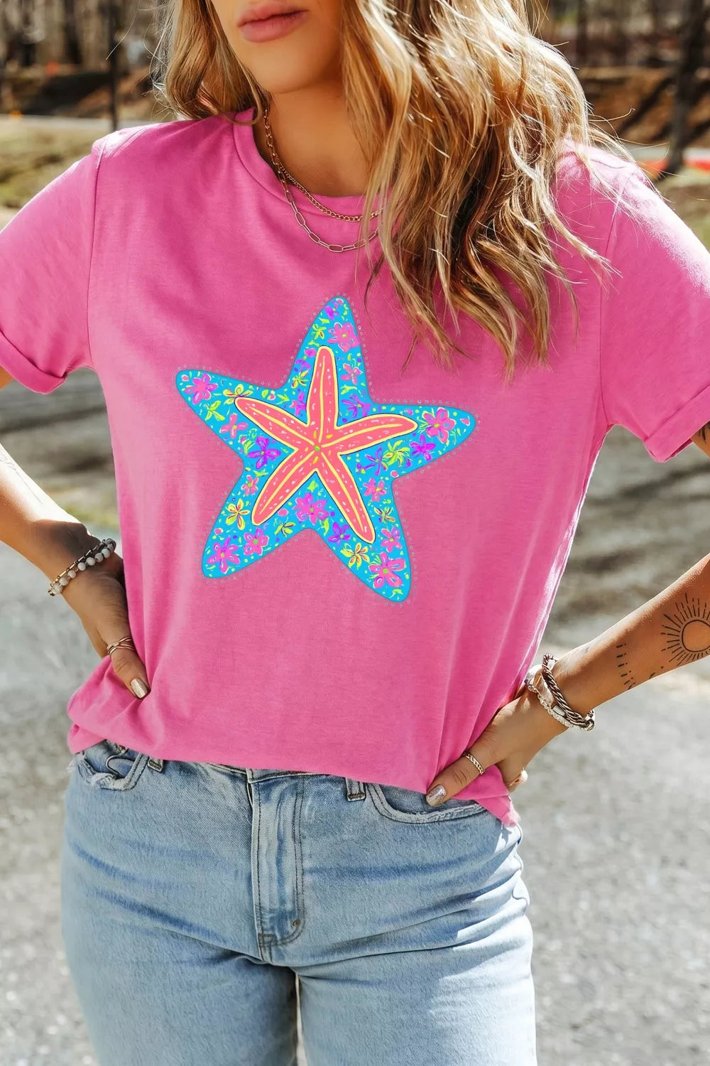 Starfish Print Tee for Women – Fuchsia Pink – Chaotic Fashion