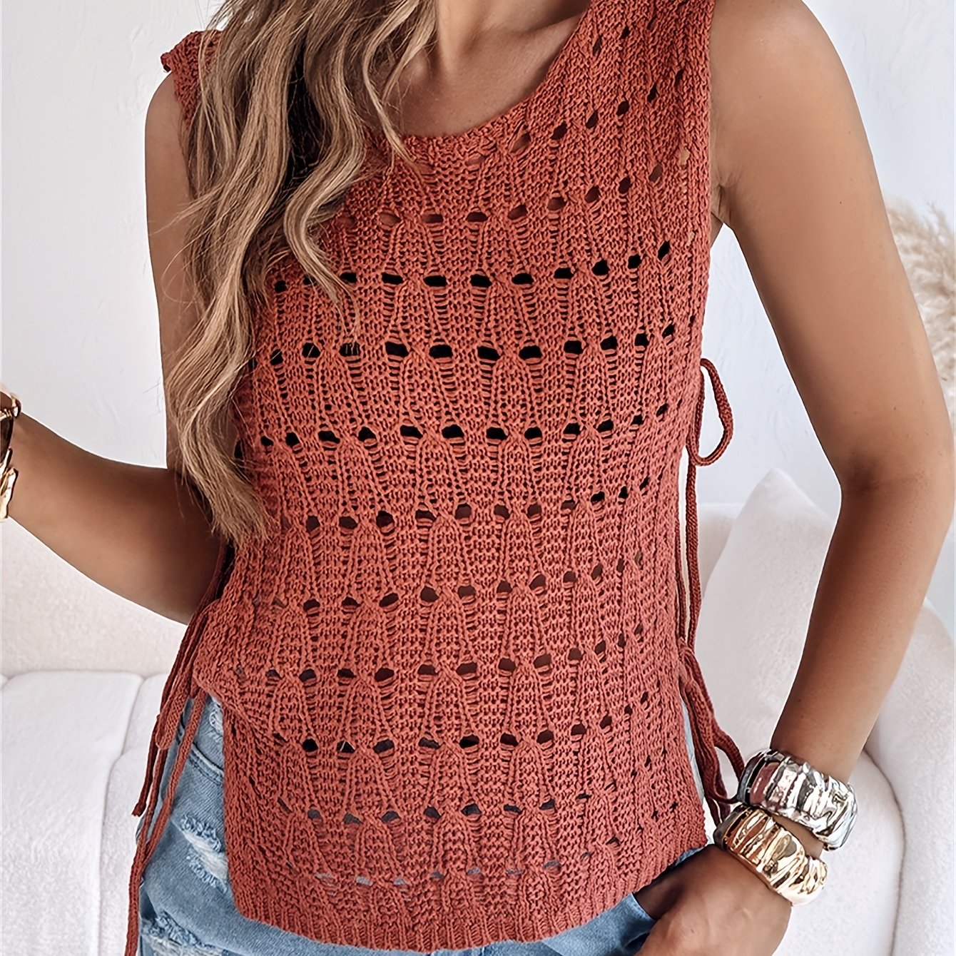 Women’s Crochet Sweater Top | Boho Chic Style | Sleeveless Openwork Knit