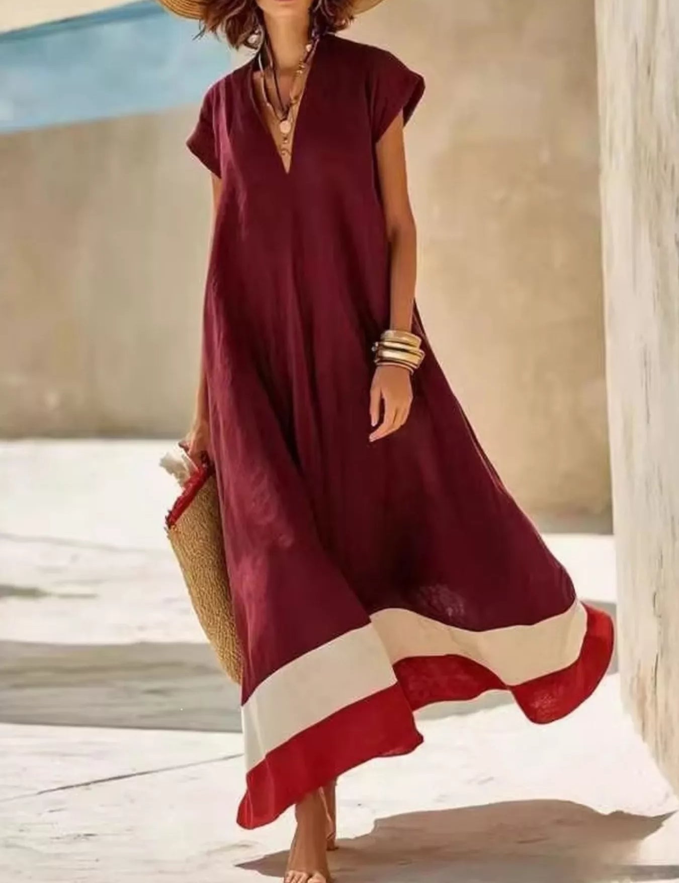 Women's maxi dress in colour block, v-neck
