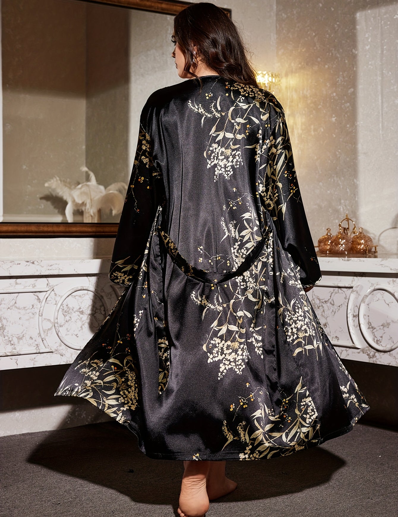 Plus size satin kimono robe in black floral print, wrap front with tie belt