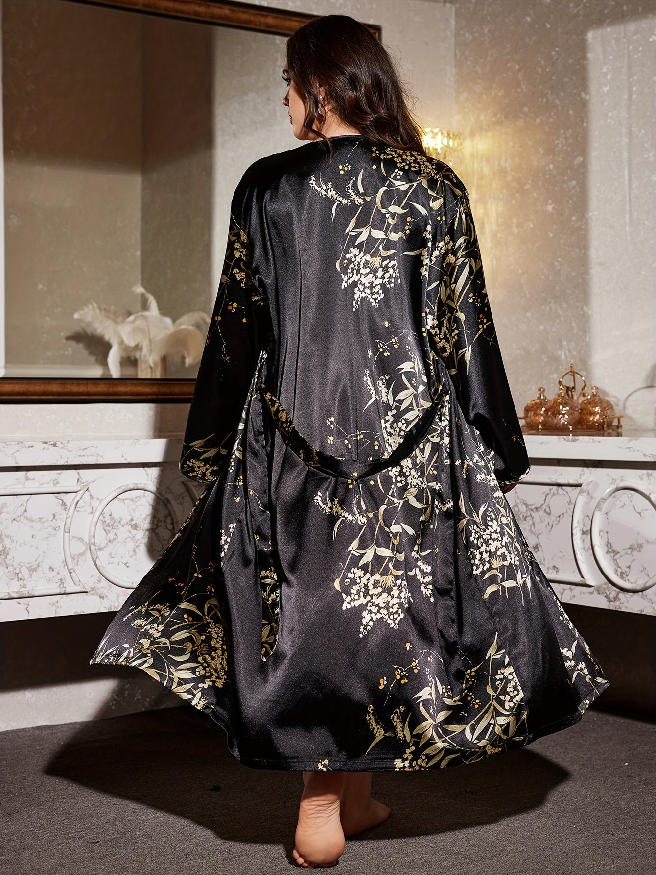 Plus size satin kimono robe in black floral print, wrap front with tie belt