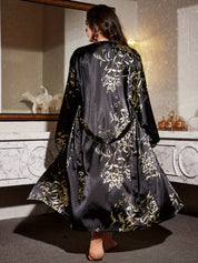 Plus size satin kimono robe in black floral print, wrap front with tie belt