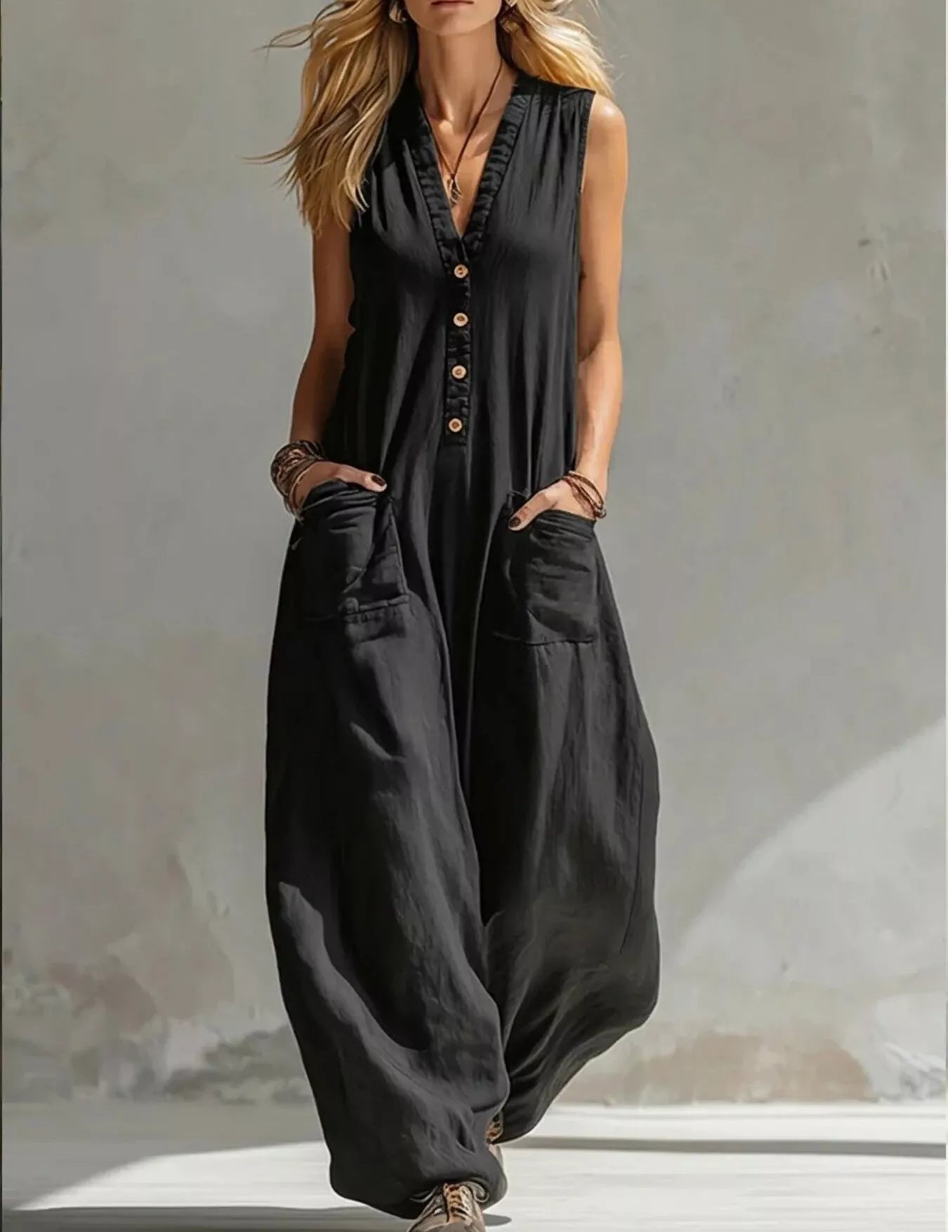 Wide-Leg Jumpsuit – V-Neck Sleeveless in Black – Chaotic Fashion