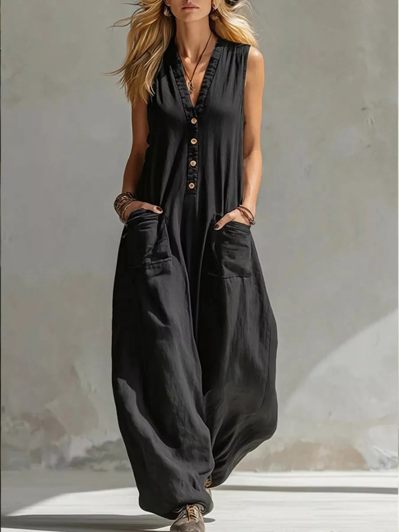 Wide-Leg Jumpsuit – V-Neck Sleeveless in Black – Chaotic Fashion