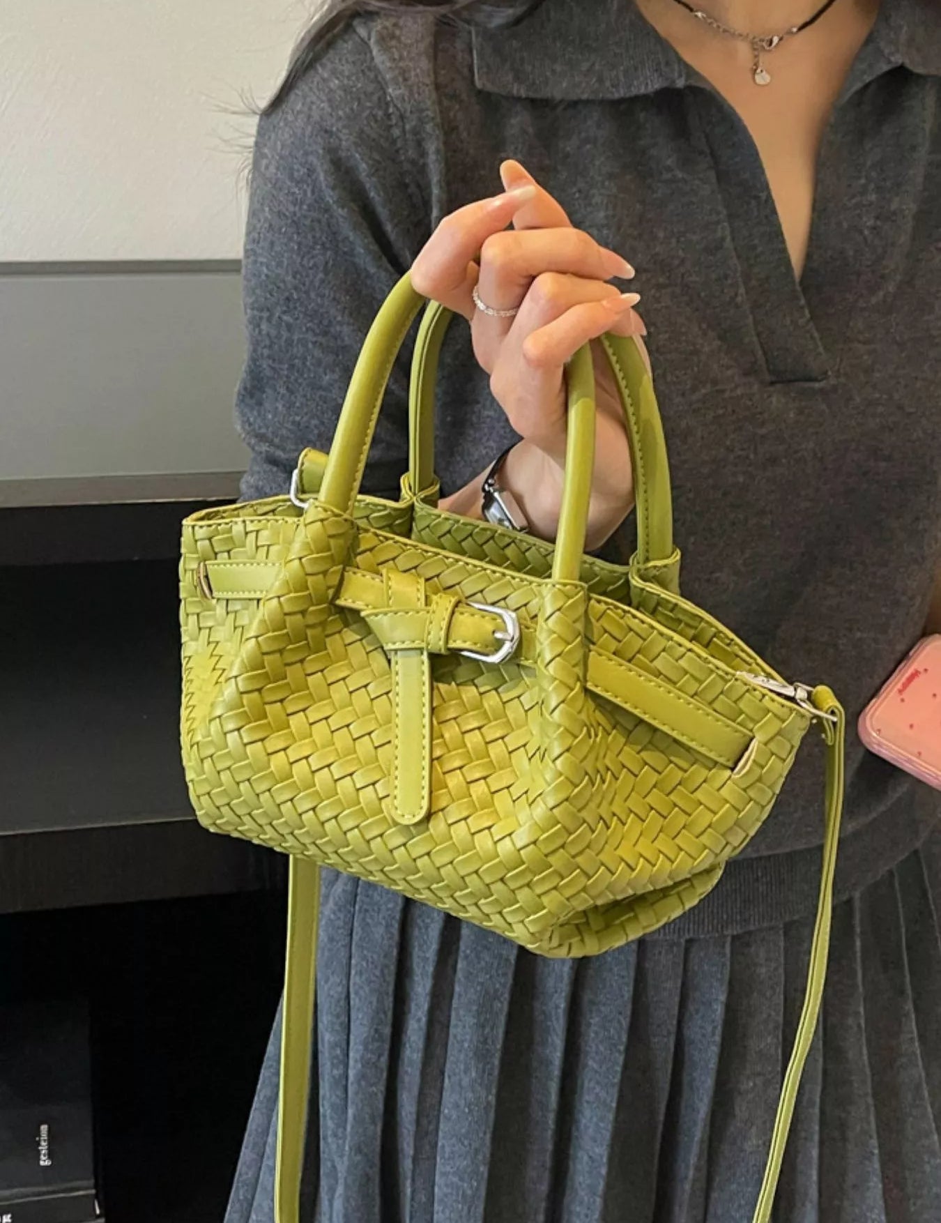 Women's Small crossbody bag in vegan leather, woven detail, green