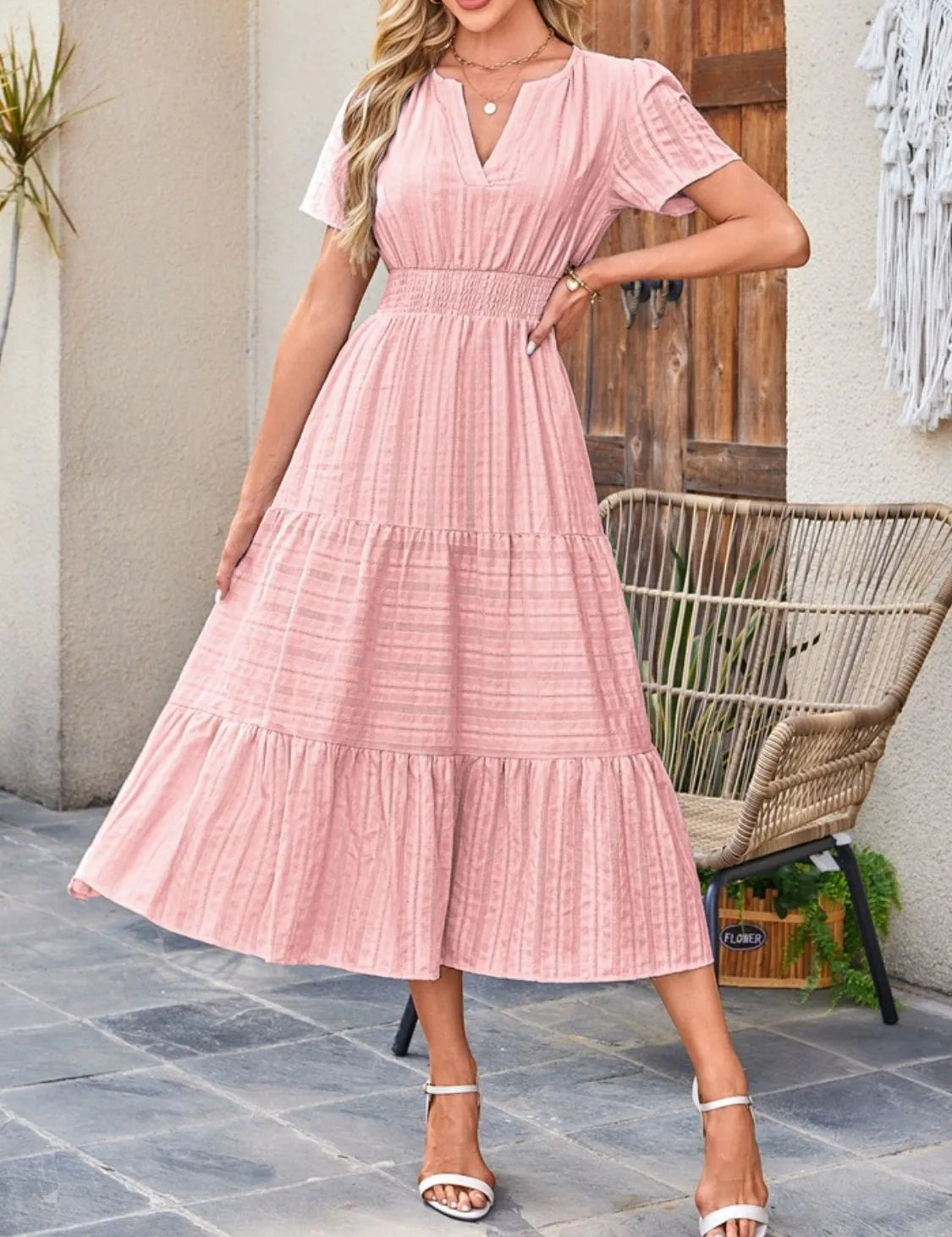 Women's midi dress, notched neck short sleeve