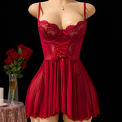 Christmas Pajamas, Women's Burgundy Lace Lingerie Nightgown - Deep V-Neck Backless Design with Adjustable Waist Tie, Sheer Mesh & Contrast Lace Trim, Thong Panties, Medium Support Sleepwear for Intimate Occasions, Romantic Gift for Her, Boudoir Wear