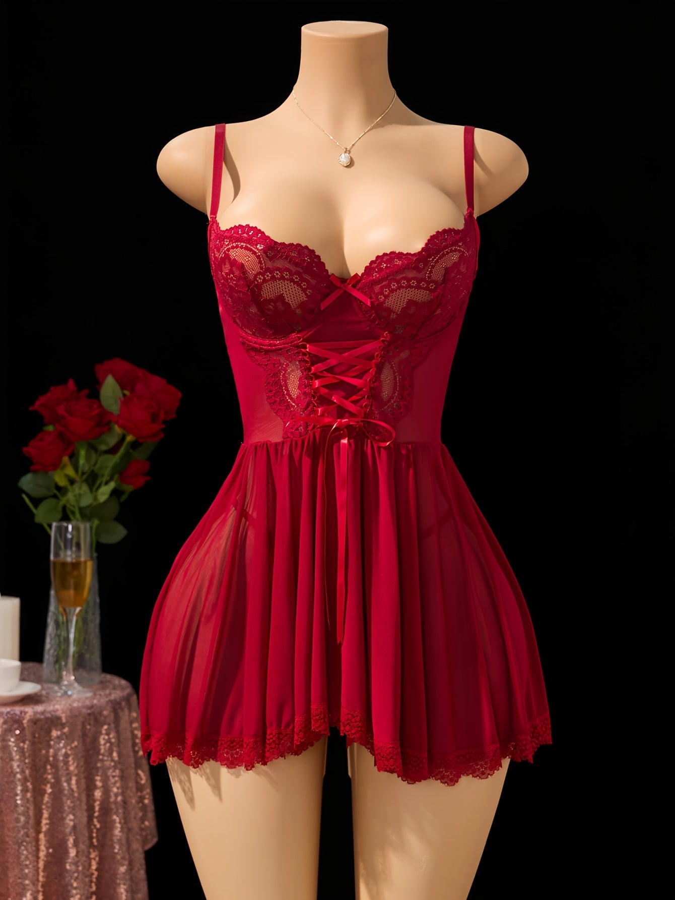 Christmas Pajamas, Women's Burgundy Lace Lingerie Nightgown - Deep V-Neck Backless Design with Adjustable Waist Tie, Sheer Mesh & Contrast Lace Trim, Thong Panties, Medium Support Sleepwear for Intimate Occasions, Romantic Gift for Her, Boudoir Wear