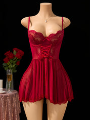 Christmas Pajamas, Women's Burgundy Lace Lingerie Nightgown - Deep V-Neck Backless Design with Adjustable Waist Tie, Sheer Mesh & Contrast Lace Trim, Thong Panties, Medium Support Sleepwear for Intimate Occasions, Romantic Gift for Her, Boudoir Wear