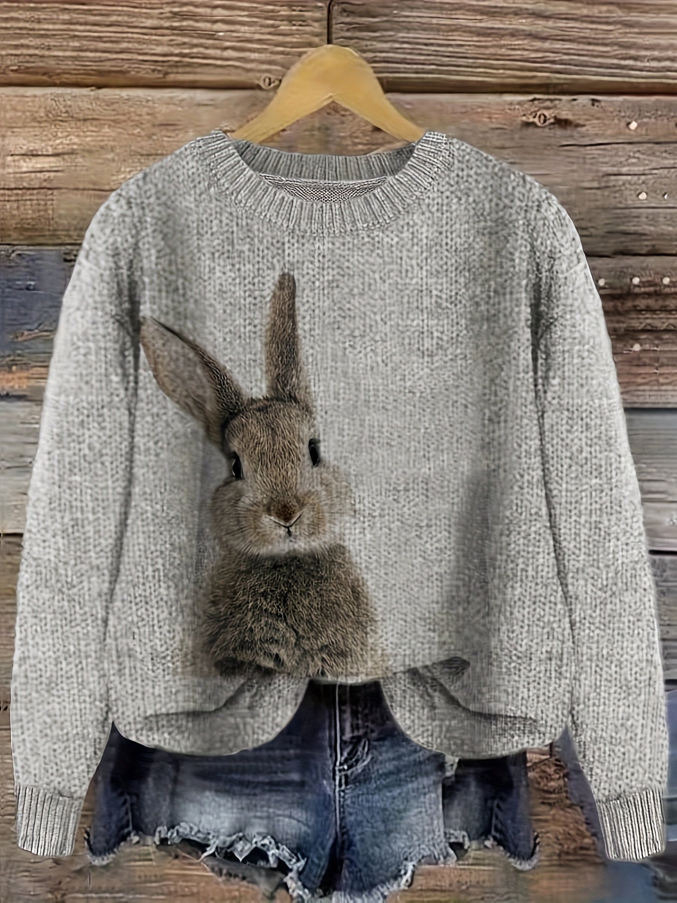 Turquoise Blue Rabbit Print Sweater for Women – Grey & Mint Color Block Crew Neck Knit Pullover for Winter