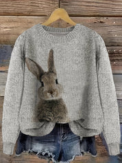 Turquoise Blue Rabbit Print Sweater for Women – Grey & Mint Color Block Crew Neck Knit Pullover for Winter