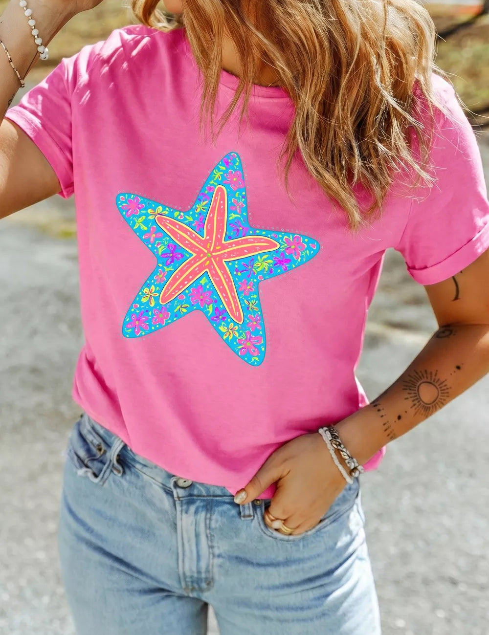 Women's Starfish Graphic Tee – Round Neck Short Sleeve – Chaotic Fashion