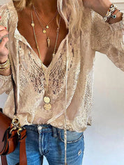 Womens Sheer Lace Top – Black Tie-Neck Detail – Chaotic Fashion