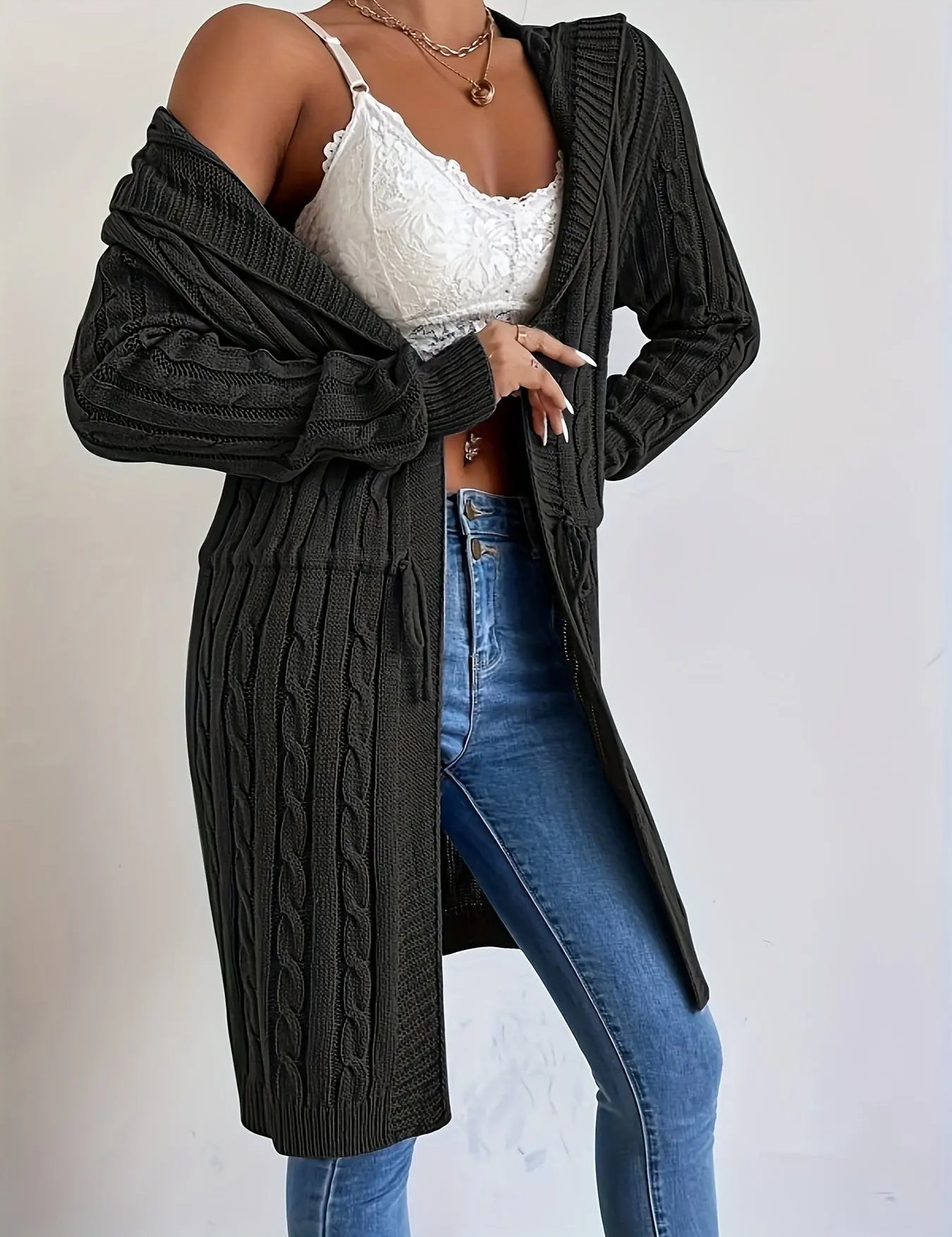 Women’s Long Knit Cardigan | V-Neck Hooded Drawstring Sweater for Fall & Winter Chaotic Fashion