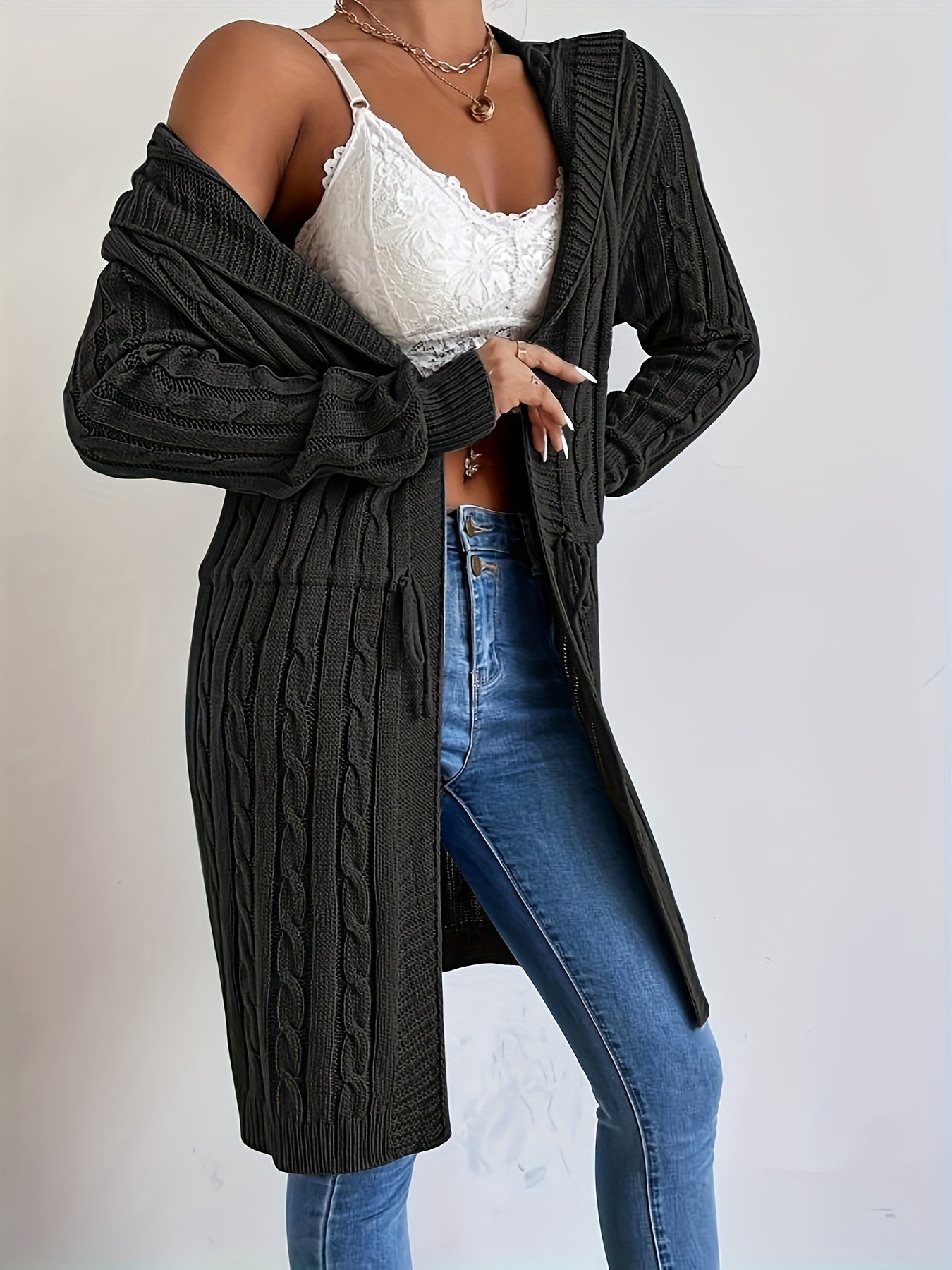 Women’s Long Knit Cardigan | V-Neck Hooded Drawstring Sweater for Fall & Winter