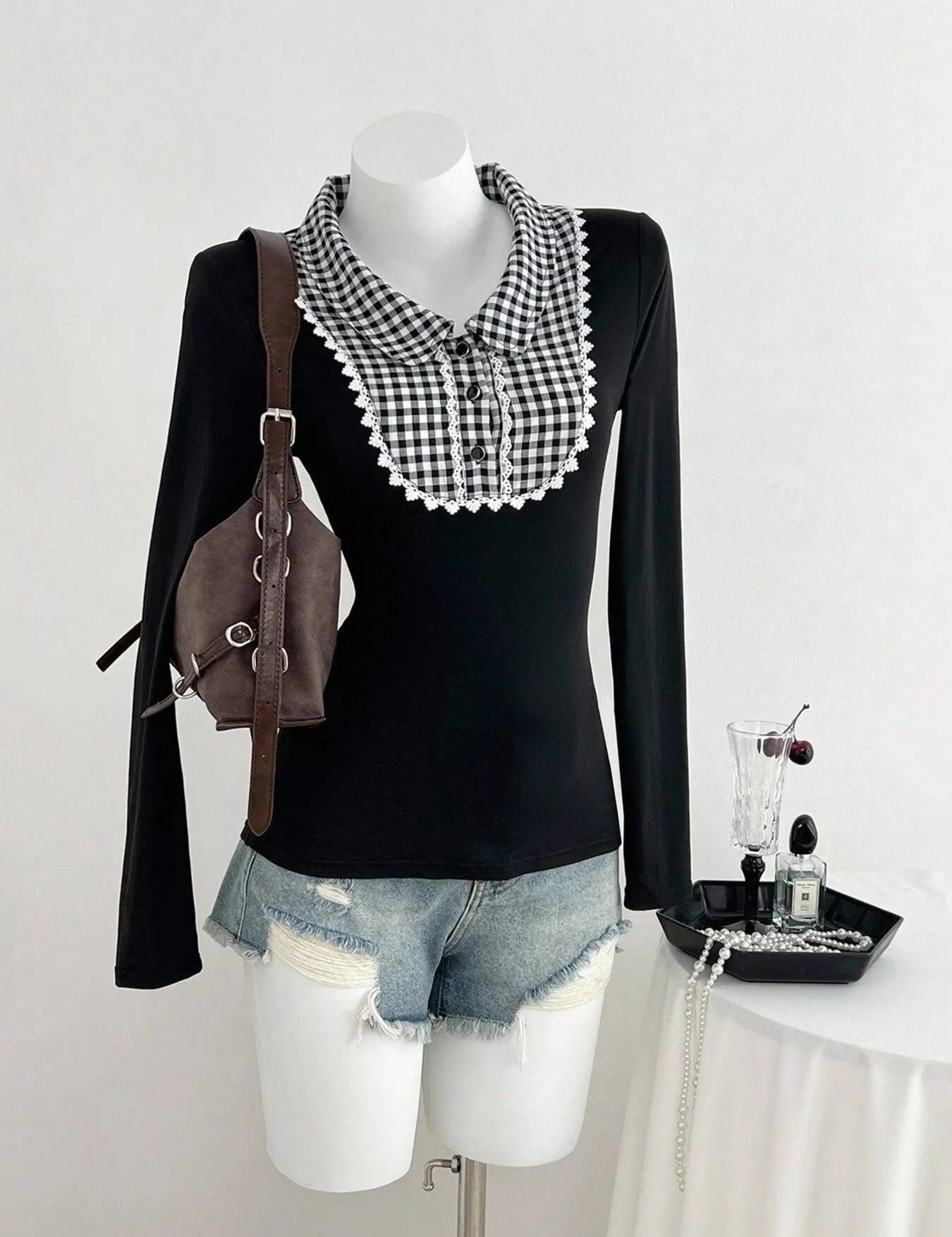 Women's Gingham Collar Top – Long Sleeve Button Tee – Chaotic Fashion