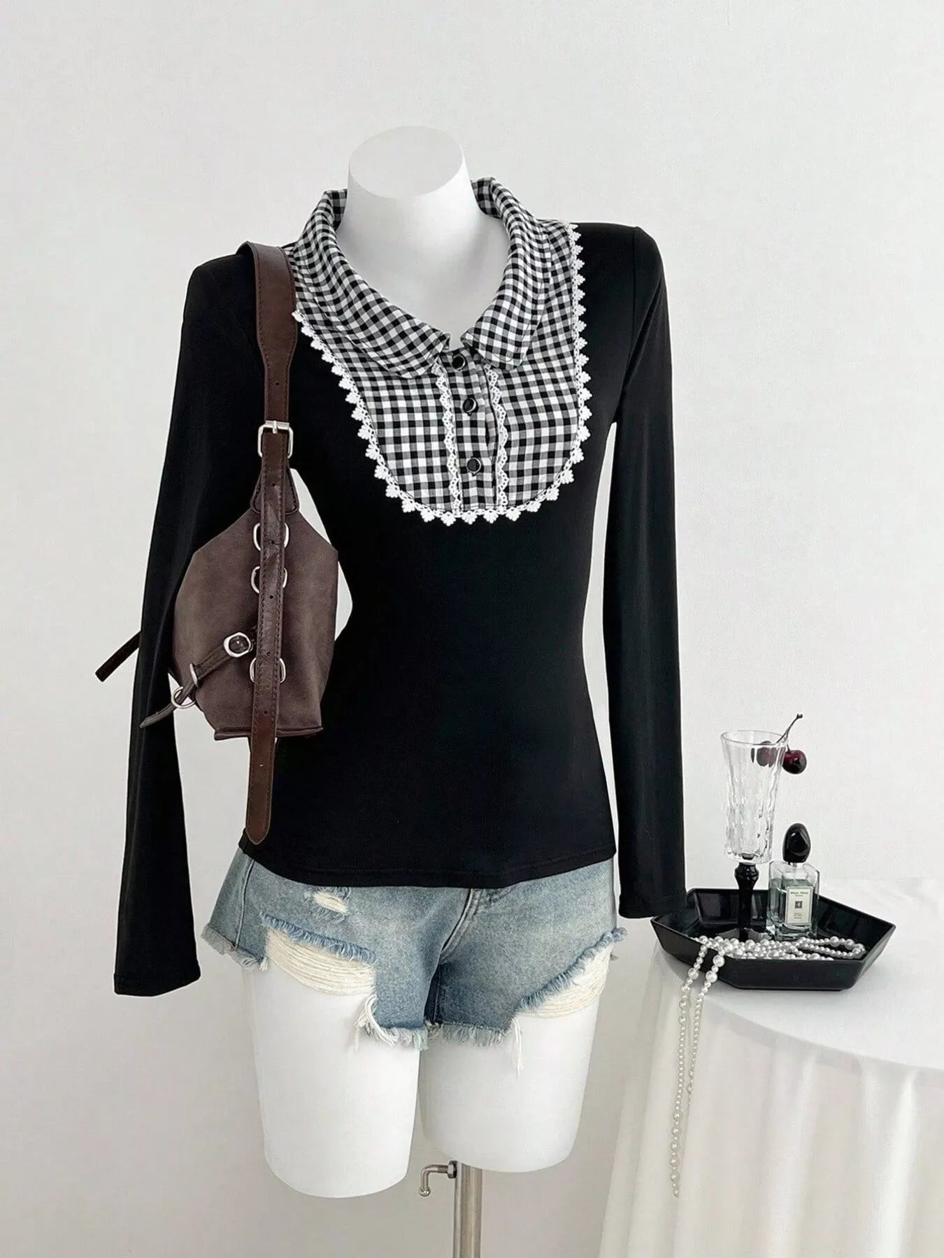 Women's Gingham Collar Top – Long Sleeve Button Tee – Chaotic Fashion