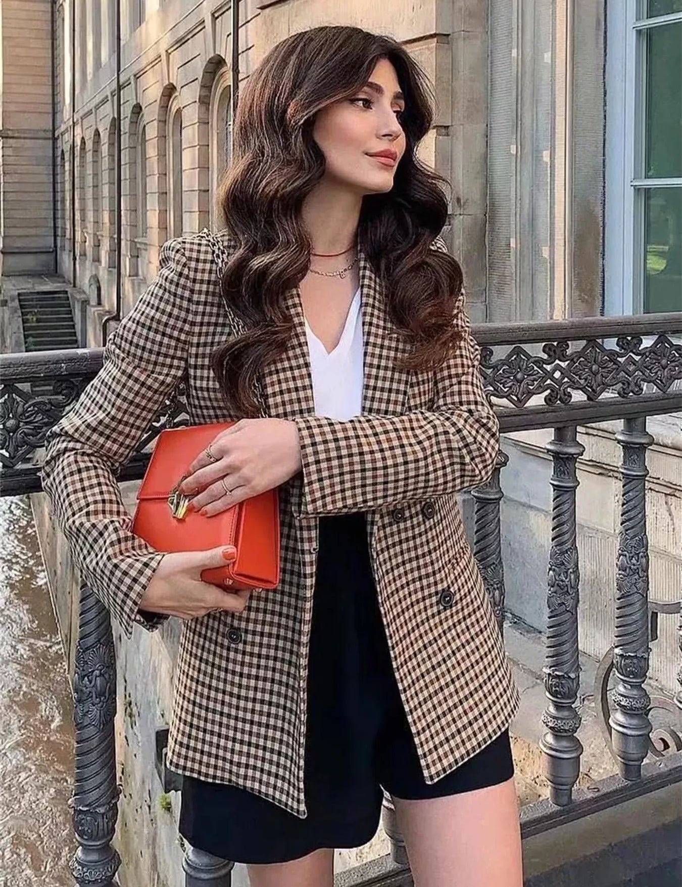 Women's plaid blazer, collared, long sleeve