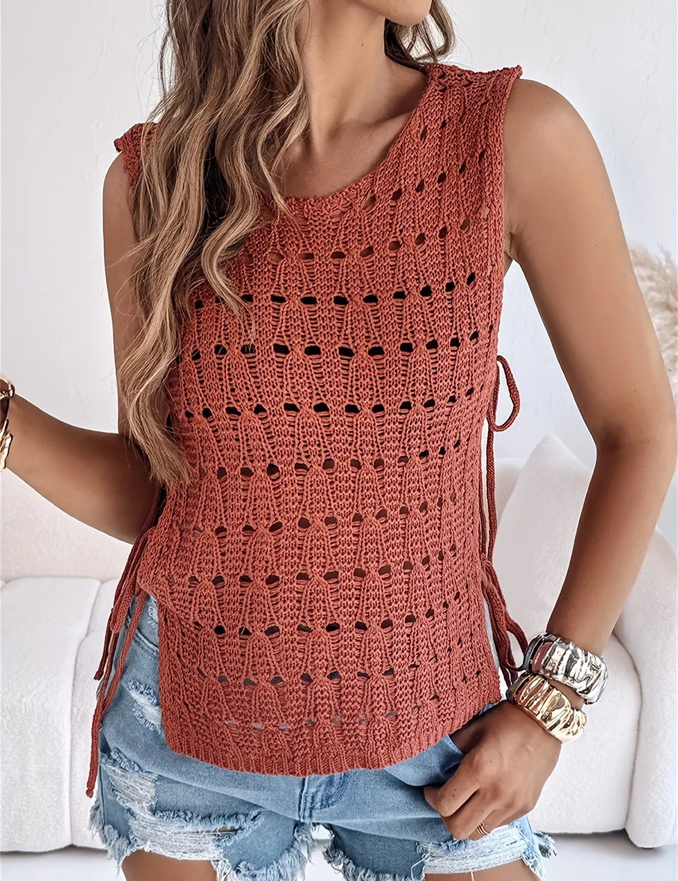 Women’s Crochet Sweater Top | Boho Chic Style | Sleeveless Openwork Knit Chaotic Fashion