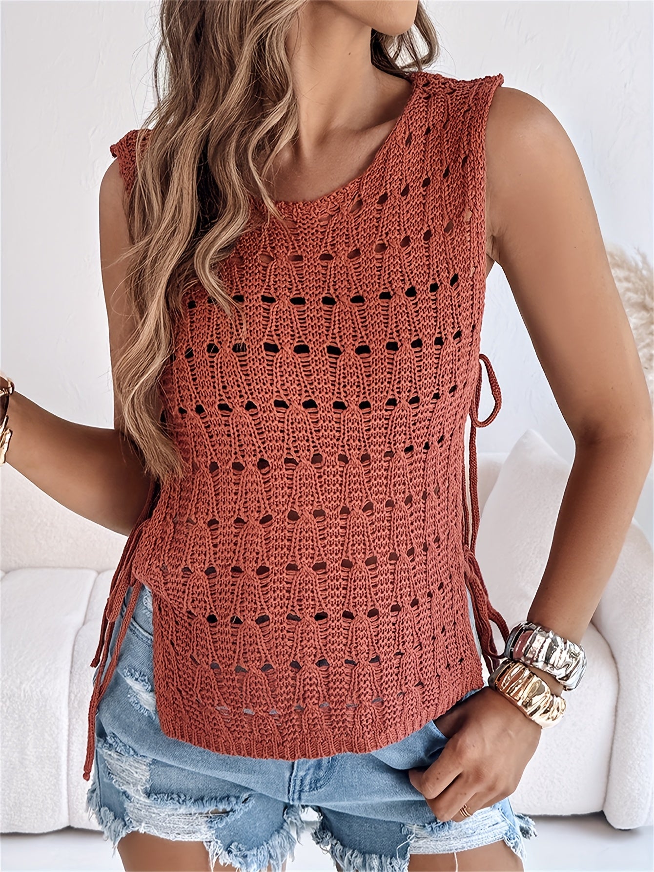 Women’s Crochet Sweater Top | Boho Chic Style | Sleeveless Openwork Knit