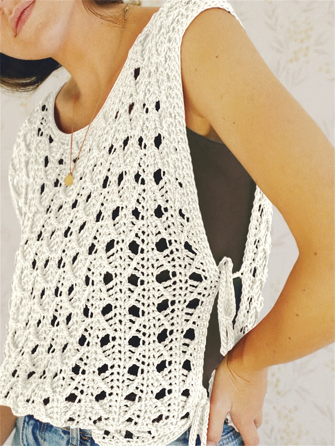 Women’s Crochet Sweater Top | Boho Chic Style | Sleeveless Openwork Knit